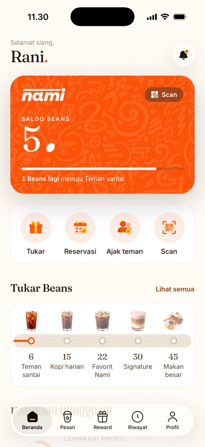 Home screen of Nami Coffee's member app