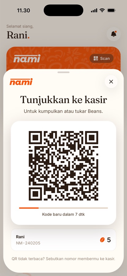 Nami member card shown to the cashier